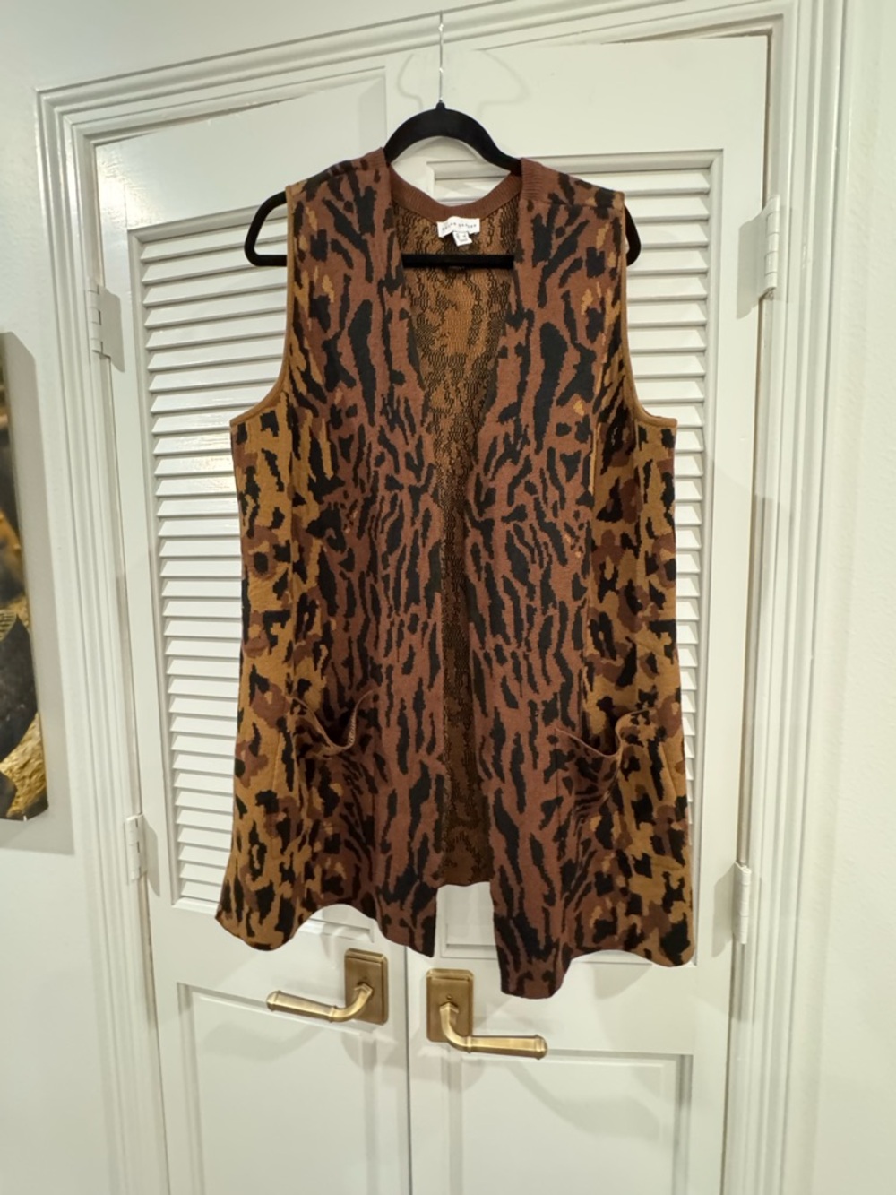 Susan Graver Brown & Black Animal-Print Knit Sleeveless Cardigan